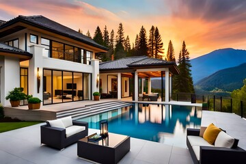 Beautiful Luxury Home Exterior at Twilight with Co .