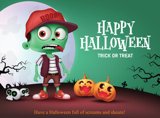 Happy halloween text vector design. Halloween trick or treat greeting with spooky zombie character and pumpkins elements in full moon cemetery background. Vector illustration kids horror party 