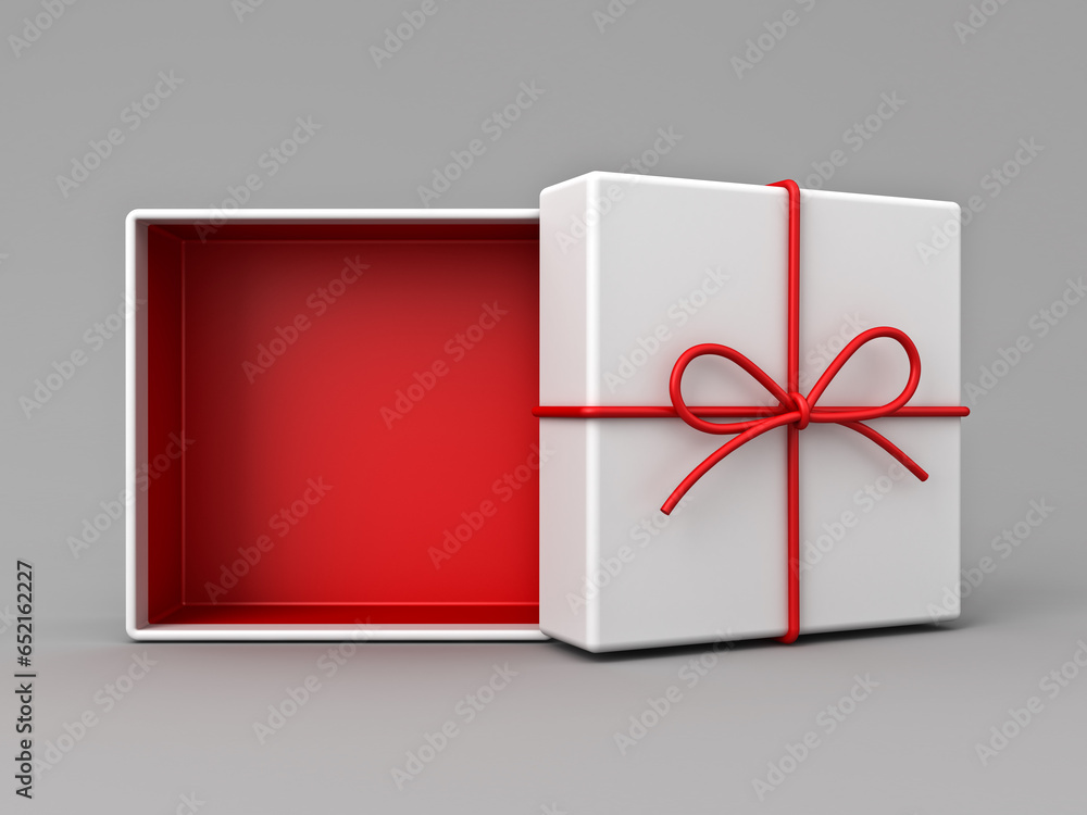 Leinwandbilder Minimal white gift box open with blank red bottom box inside or front view of present box tied with red rope ribbon and bow isolated on grey background with shadow minimal conceptual 3D rendering
