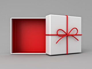 Minimal white gift box open with blank red bottom box inside or front view of present box tied with red rope ribbon and bow isolated on grey background with shadow minimal conceptual 3D rendering
