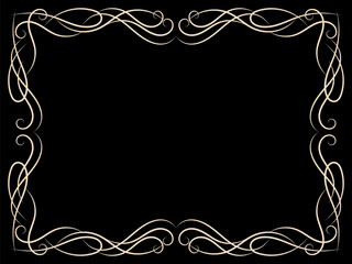 Ornate vintage frame. Swirl ornament on black background. Ornamental curls. Vintage linear border with curlicues. Design a template for invitations, leaflets and greeting cards. Vector illustration