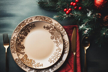A flat lay composition presenting a joyful and sophisticated Christmas culinary display, featuring plates, utensils, and holiday decor, with thoughtfully reserved space for copy in the background.