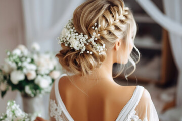 Close up on the hairstyle of a beautiful bride. Concept motif on the subject of hairdresser, wedding and wedding preparations. - obrazy, fototapety, plakaty