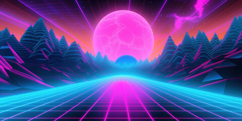 An 80s style background with blue, pink and purple neon colors and grid on the bottom. - obrazy, fototapety, plakaty