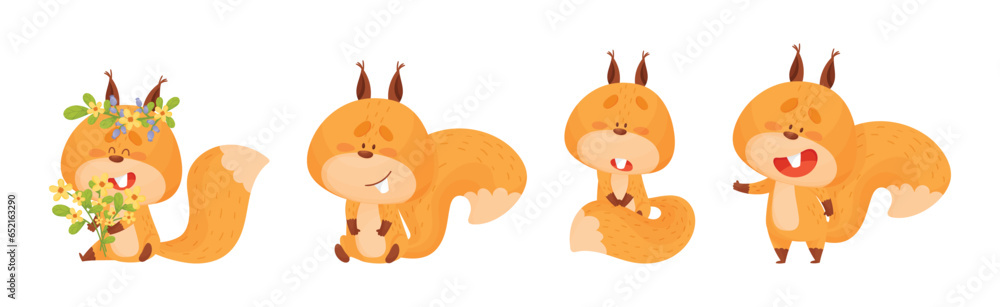 Poster cute squirrel character with bushy tail engaged in different activity vector set