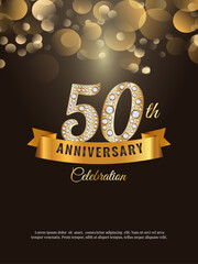 Celebration of the 50th anniversary. Design with a gold ribbon and a number in diamonds. The concept of the golden text.  Illustration of a vector template for festive events, postcards, invitations.