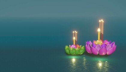 Beautiful Krathong 3D rendering in pink and green color for Loy Krathong festival in Thailand.