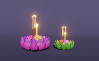 Beautiful Krathong 3D rendering in pink and green color for Loy Krathong festival in Thailand.