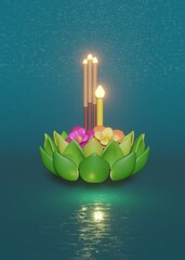 Beautiful Krathong 3D rendering in pink and green color for Loy Krathong festival in Thailand.