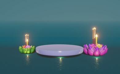 Beautiful Krathong 3D rendering in pink and green color for Loy Krathong festival in Thailand.