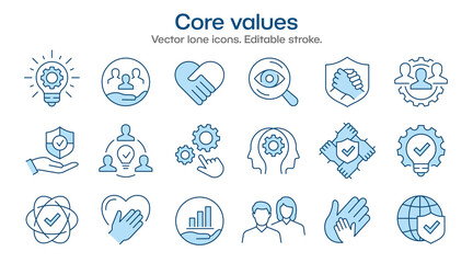 Core values flat icons, such as business, social factors, mission, company, handshake and more. Editable stroke. - 652164003