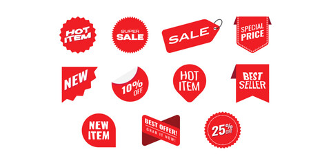 Set of sale tags. Ribbon sale banners. Red ribbon price and discount labels. Vector illustration