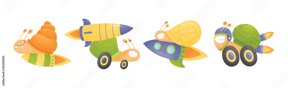 Poster fast snails funny mollusk character with turbo rocket speed booster vector set