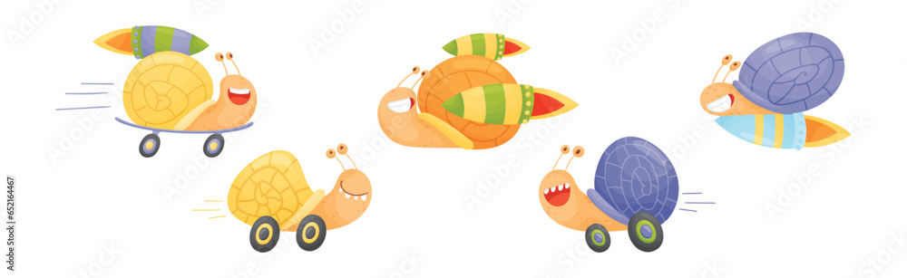 Poster fast snails funny mollusk character with turbo rocket speed booster vector set