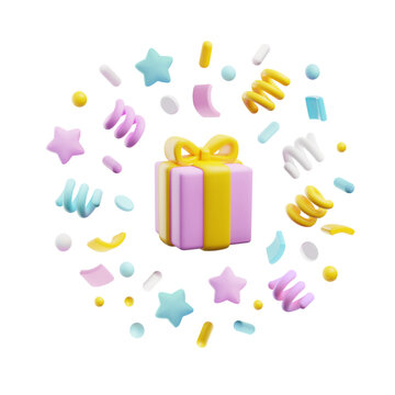Cute 3d gift box with confetti, vector illustration isolated on white background.