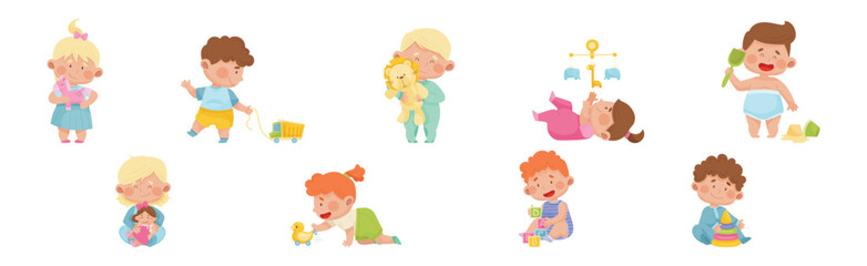 Cute Toddler Children Playing With Different Toys Vector Set