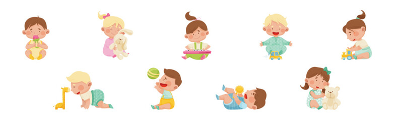 Cute Toddler Children Playing With Different Toys Vector Set