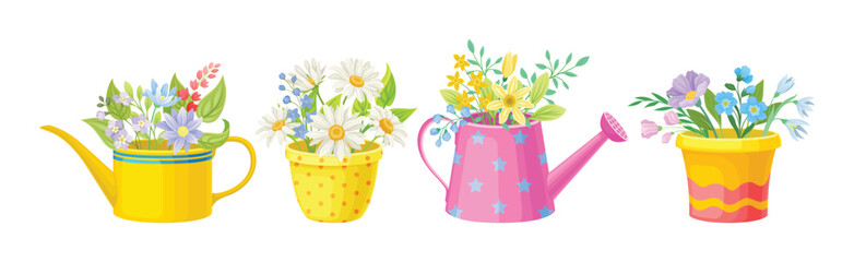 Blooming Flower Bunch with Twigs in Pot and Vase Vector Set © Happypictures