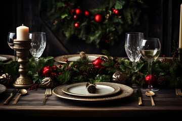 A top-view shot capturing the inviting charm of a Christmas table adorned with gleaming silverware, cozy garlands, and dark natural evergreen decor set against a black table.
