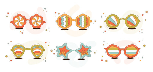 Groovy sunglasses set. Trippy retro halftone eyewear.