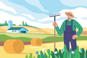 Farming and agriculture, harvesting. Farmer with rakes on the farmland landscape background during harvesting. Farm worker with dry hay bales.  Vector illustration for mobile and web graphics. © faber14