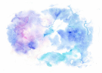 Abstract stain from watercolor blur. Various shades of blue, purple with white splashes. Watercolor paper texture. stain isolated on white background.