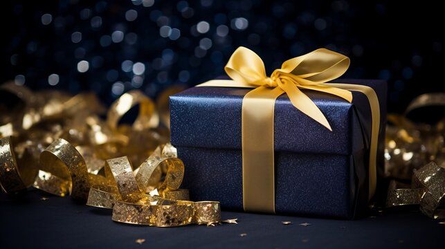 Photo of a blue gift box with a gold ribbon created with Generative AI technology