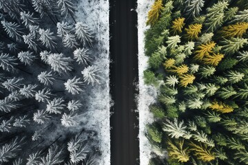 Aerial view of a highway winding through a forest in both summer and winter seasons.