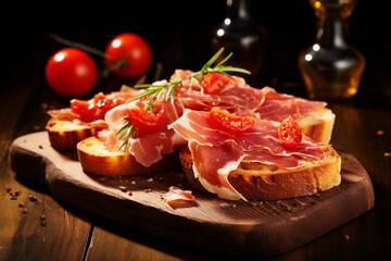 Toast with tomatoes and slices of jamon serrano ham - obrazy, fototapety, plakaty