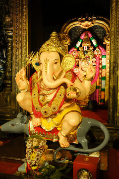 19 September 2023, Pune, Maharashtra, India, Beautiful idol of Lord Ganesh installed by Guruji Talim Ganpati during Ganesh festival 2023.