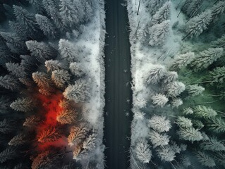 Aerial view of a highway winding through a forest in both summer and winter seasons.