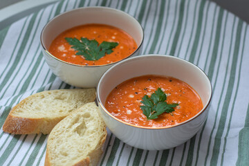 tomato soup in a bowl, tomato soup with bread, parsley, vegetable soup, bowls, spicy, pepper, dinner, healthy food, carrot