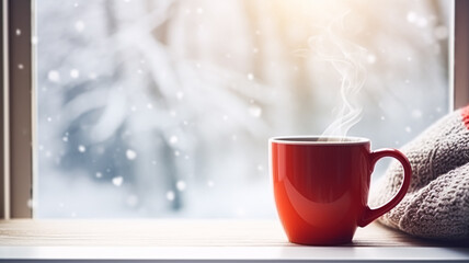 Winter holidays, calm and cosy home, red cup of tea or coffee mug and knitted blanket near window in the English countryside cottage, holiday atmosphere