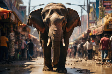 a massive asian elephant roaming in the city, ai generated.