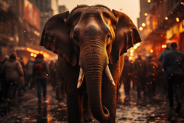 a massive asian elephant roaming in the city, ai generated.
