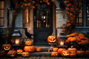 Celebration of Halloween holiday by placing the pumpkins as decoration in front of the house.