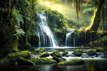The scenery of the  beautiful natural waterfall in the forest with soft flowing water and the sunlight shining above.