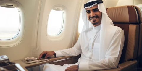  Young Emirati businessman in UAE traditional seating in private jet © xartproduction