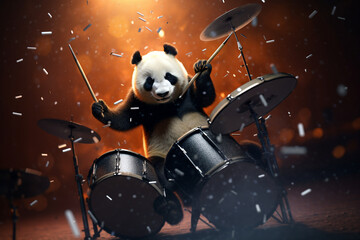 cute panda animal playing drums