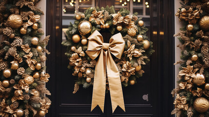 Christmas decoration details on English styled luxury high street city store door or shopping window display, holiday sale and shop decor