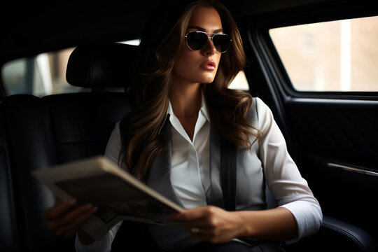 businessman in seatback seat reading newspaper in car, ai generated.