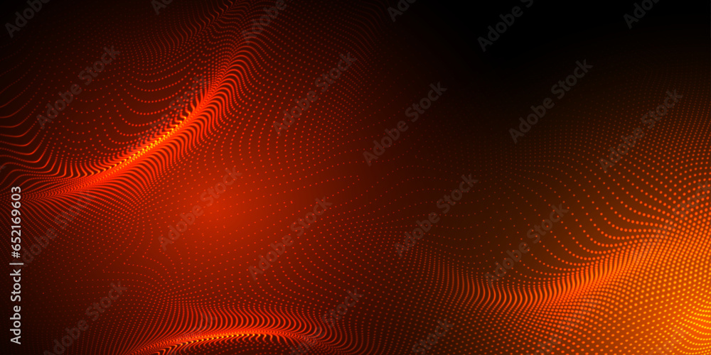 Poster abstract futuristic orange wave with moving dots. flow of particles with glitch effect. ideal vector