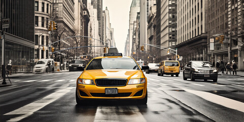 A yellow modern taxi cab driving through a busy city