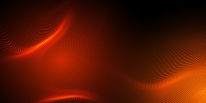 Abstract futuristic orange wave with moving dots. Flow of particles with glitch effect. Ideal vector graphics for brochures, flyers, magazines, business cards and banners. Vector.