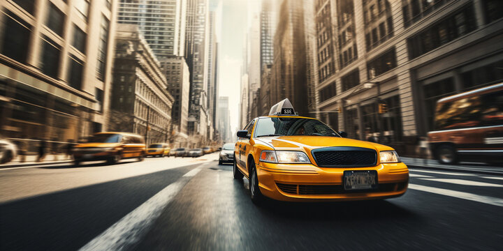 A yellow modern taxi cab driving through a busy city © xartproduction