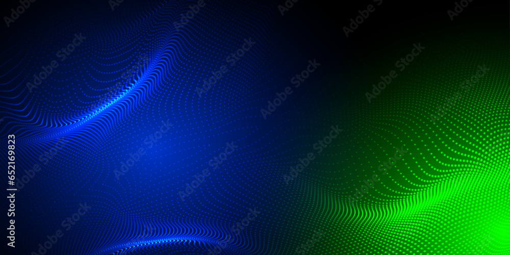 Poster abstract futuristic blue and green wave with moving dots. flow of particles with glitch effect. idea