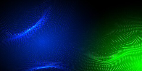 Abstract futuristic blue and green wave with moving dots. Flow of particles with glitch effect. Ideal vector graphics for brochures, flyers, magazines, business cards and banners. Vector.