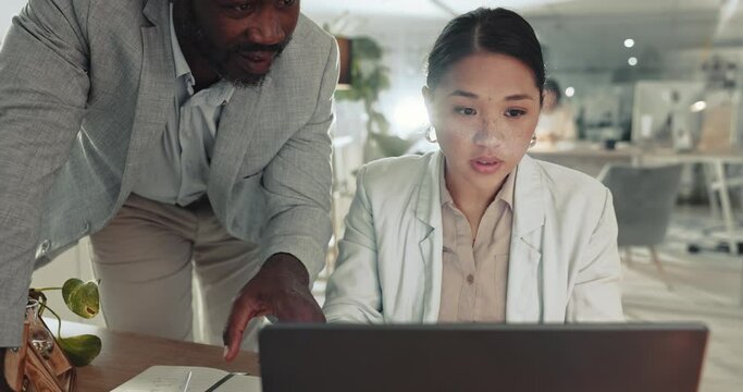 Businessman, laptop and coaching in teamwork, planning or project together at office. Man, mentor or manager training staff, woman or intern on computer software or online tasks at workplace