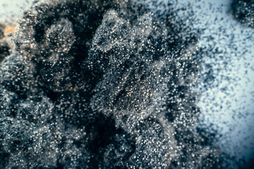 Ion exchange resins in the form of white balls and activated coconut carbon, close-up. Typical...