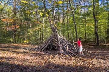 Young boy using sticks to build shelter in woods.